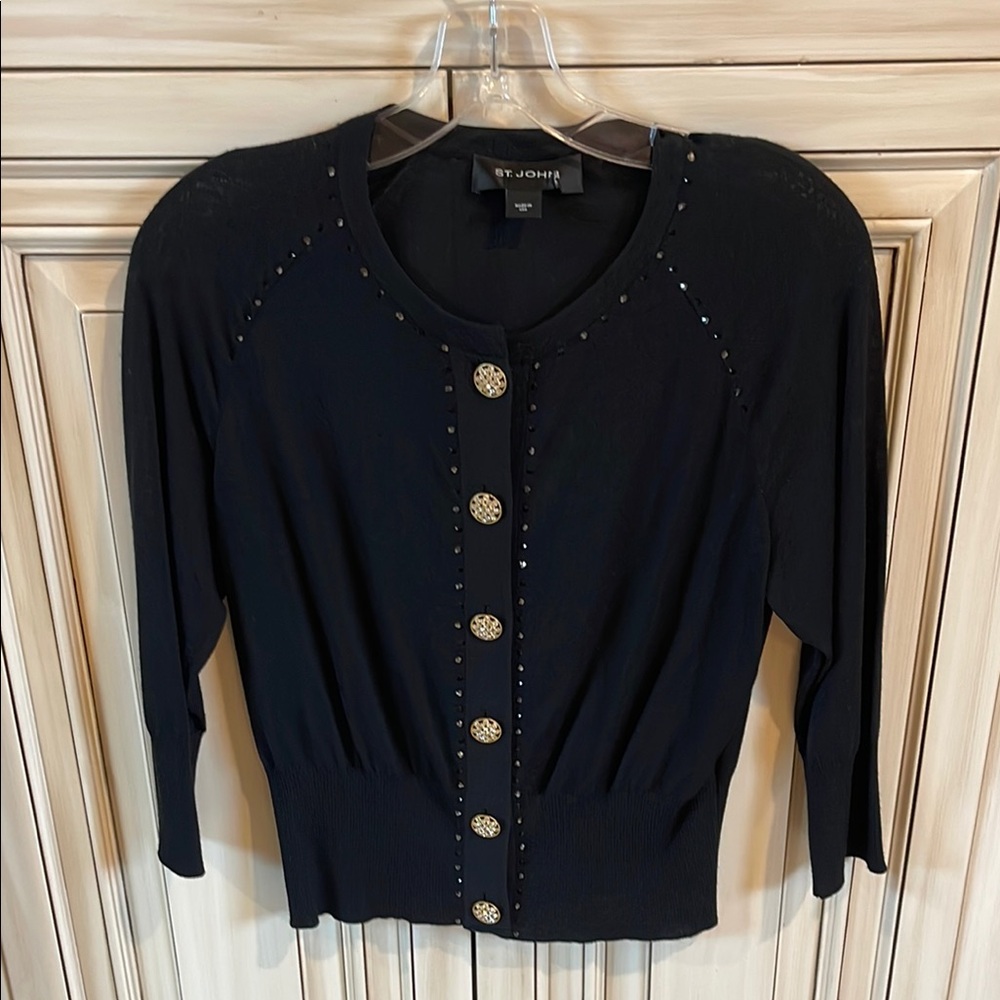 St. John Black Cardigan with Gold Buttons with black studs